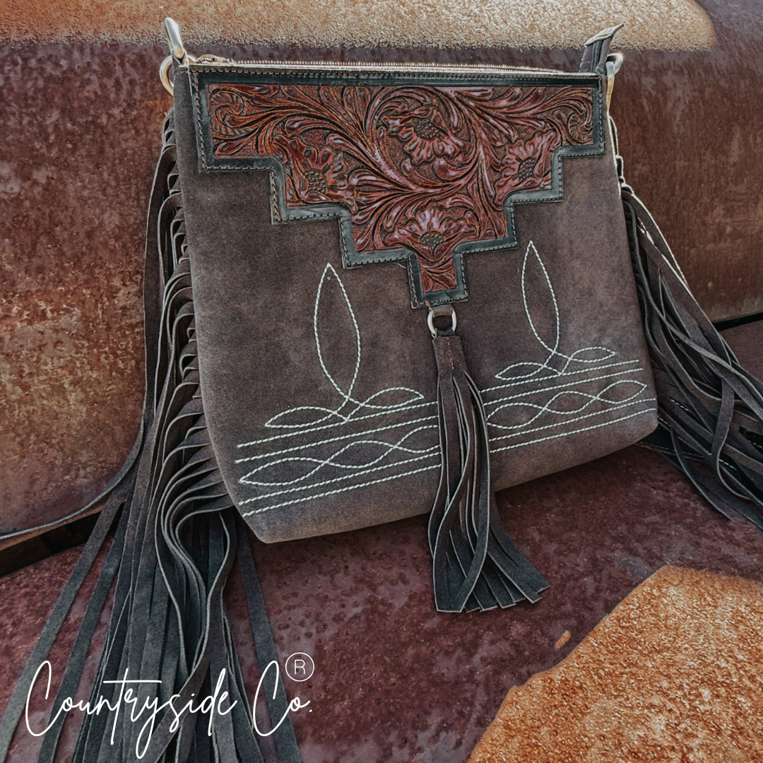 Boot Stitch Suede Leather Purse, Fringe, Adjustable Strap