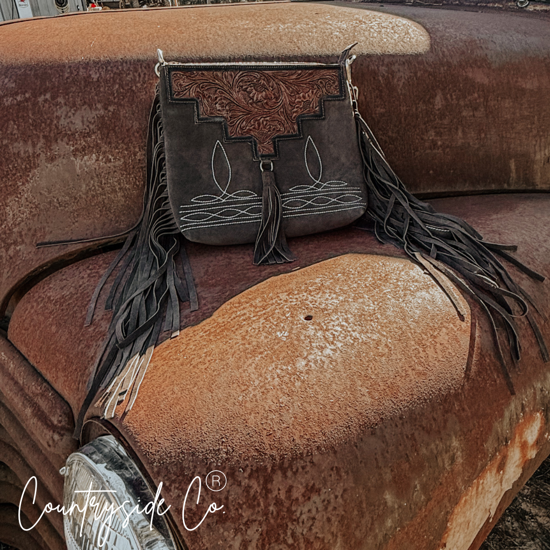 Boot Stitch Suede Leather Purse, Fringe, Adjustable Strap