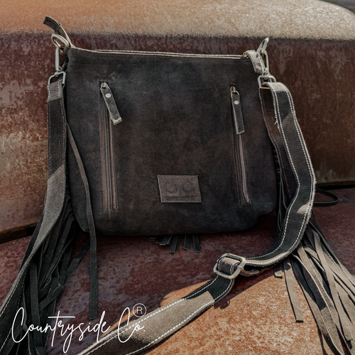 Boot Stitch Suede Leather Purse, Fringe, Adjustable Strap